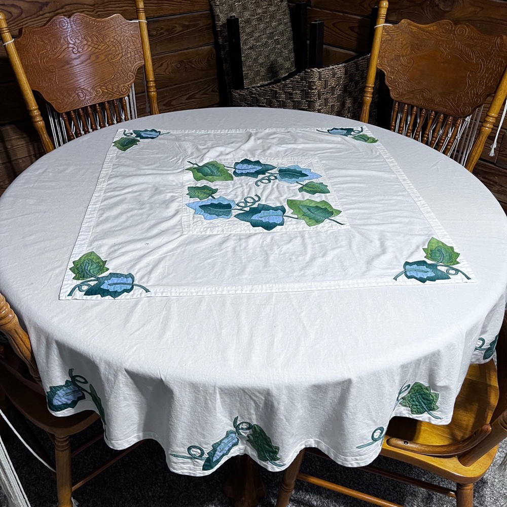 Vintage White 2 Pc. Tablecloth with Blue and Green Leaf Appliqué